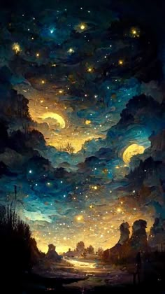 the night sky is full of stars and clouds, as if they were floating in the air