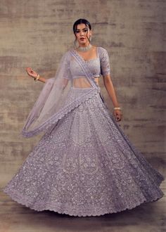 Unique Colour Lehenga, Single Colour Lehenga, Net Lehenga Designs For Wedding, Lehenga For Weddings, Fabric For Lehenga Indian Weddings, Wedding Lehenga Colours, Different Colour Wedding Dresses, Lavender Traditional Dress, Lavender Lehenga Indian Weddings