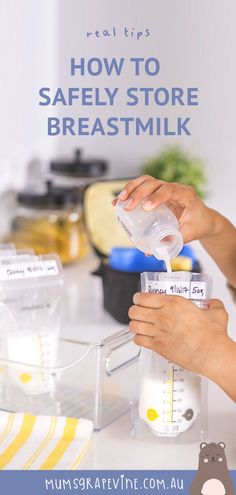 a person pouring milk into a blender with the words how to safely store breast milk