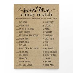 a card with the words sweet love candy match written on it, in black ink