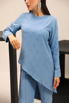 Blue asymmetric top with crystal hand embroidery. Paired with a pant. - Aza Fashions Asymmetric Top, Luxury Sale, Asymmetrical Tops, Cotton Voile, Modern Bride, Embroidered Top, Top Pattern, Blue Crystals, Aza Fashion