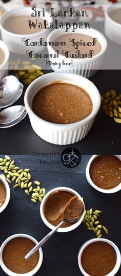 several small bowls filled with pudding and spoons on top of a black countertop