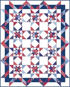 a red, white and blue quilt with stars on it