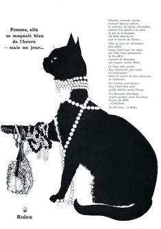 an advertisement for rolex featuring a black cat with pearls and beads on its collar