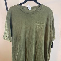 Created With Purpose Size Medium T Shirt Short Sleeves Sage Green Vintage Wash Puffy Letters Unisex Relaxed Fit Green Shirt With Text Print, Green Cotton Shirt With Text Print, Green Soft-washed Cotton Tops, Green Cotton Top With Text Print, Green Soft-washed Graphic Tee Shirt, Puffy Letters, Green Vintage, Sage Green, Tee Shirts