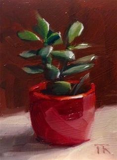 a painting of a potted plant on a table