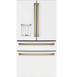 a white refrigerator freezer with two gold handles