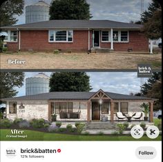 before and after pictures of a brick ranch house