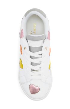 A sparkly array of metallic rainbow hearts will delight the tiny trendsetter strutting the playground in this sporty sneaker brimming with charm. Leather upper/textile lining/rubber sole Imported Playful Low-top Sneakers With Rubber Sole, Playful Low-top Sneakers With White Sole, Playful Spring Sneakers With White Sole, Metallic Rainbow, Rainbow Hearts, Sporty Sneakers, Rainbow Heart, Kurt Geiger, Sneakers White