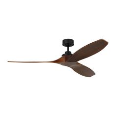 a ceiling fan that is brown and black with two blades on the blades, one blade has