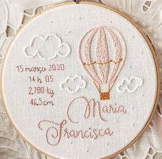 a white embroidered hoop with a hot air balloon and the words, mama san francisco