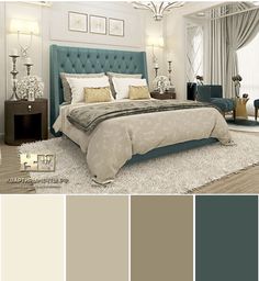 a bedroom with white walls and gray carpeted flooring, blue upholstered headboard