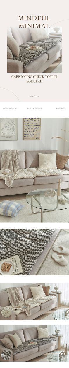 three different views of a couch with pillows on the bottom and top, in front of them