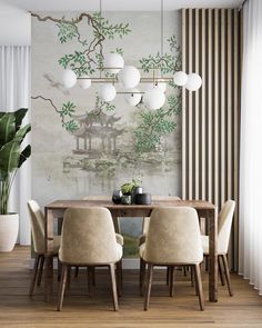 a dining room table with four chairs and a painting on the wall behind it,