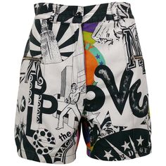 VERSACE JEANS COUTURE vintage Manhattan New York City graffiti prints shorts. These shorts feature : - Black, white and grey prints on front. - Colourful prints on back. - Button and zipper closure at the front. - Belt loops, 2 front zippered pockets. - No lining. Label reads VERSACE JEANS COUTURE. Made in Italy. Size tag reads : 32/46. Please refer to measurements. Composition tags read : 100% Cotton. Indicative measurements taken laid flat (double waist and hips) : waist approx. 34 cm (13.39 i White Printed Cotton Shorts, Summer Cotton Bottoms With Graffiti Print, Retro White Shorts With Pockets, White Graphic Print Shorts, Vintage White Jean Shorts, Multicolor Letter Print Short Bottoms, Multicolor Letter Print Shorts, White Printed Short Bottoms, White Graffiti Print Bottoms For Streetwear