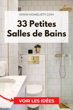 a bathroom with white tiles and gold trim on the walls, along with a red sign that reads 33 petits sales de bains