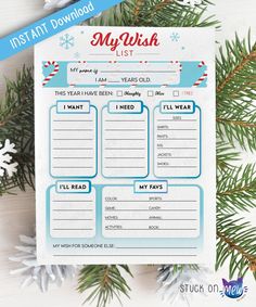 a printable christmas wish list with snowflakes and evergreen branches in the background