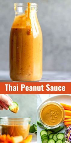 a person holding an orange slice in front of a jar filled with thai peanut sauce