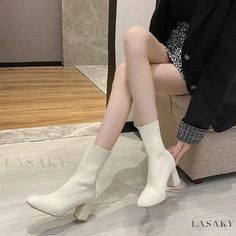 Lasaky - Womens Chunky Heeled Knitted Sock Boots with Pointed Toe and Martin Style Elastic Boots, Heel Boots For Women, Sock Ankle Boots, Comfortable High Heels, Heel Stretch, Sock Boots, Womens Chunky Heels, Chunky Heels Boots, Black Heel Boots