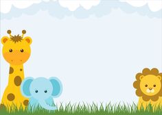 an elephant, giraffe and lion are standing in the grass with a sky background