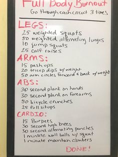 a sign with instructions on how to make a full body burnout for the gym