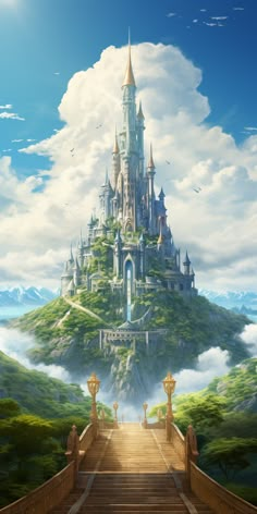 an image of a castle in the sky with stairs leading up to it and clouds above