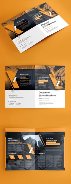 an orange and black business brochure is shown