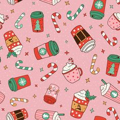 a pink background with christmas items and candy canes