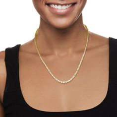 Ross-Simons - 3.00ct t. w. Diamond Tennis Necklace in 18kt Yellow Gold Over Sterling. 20". This 3.00 ct. t. w. round brilliant-cut diamond tennis necklace is a staple for the avid diamond lover. Dress it up or dress it down, this piece looks great on-duty or off. Shines in polished 18kt yellow gold over sterling silver. Graduates from 1/16" to 3/16" wide. Single-latch safety. Push-button clasp, diamond tennis necklace. Diamond birthstones are the perfect gift for April birthdays. Tennis Necklace Diamond, Lover Dress, Diamond Tennis Necklace, April Birthday, Diamond Birthstone, Necklace Diamond, Fine Jewelery, Tennis Necklace, Round Brilliant Cut Diamond