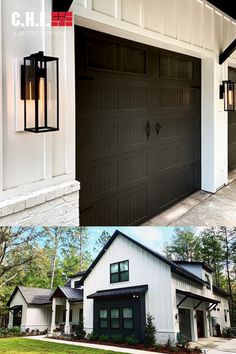 two garages side by side with the doors open and one has a light on