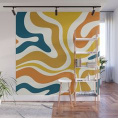 an abstract wall mural in a living room