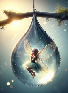 a little fairy sitting on top of a tear shaped drop in the air with water droplets hanging from it