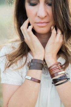 "Leather wrap personalized bracelet featuring a nickel-plated oblong oval shape hammered and oxidized for a vintage, worn feel. Inspired by the stye of Joanna Gaines, my favorite DIY'er! An optional personalized pewter charm dangles from the clasp for a surprise element of interest. This can be worn two ways for two different looks! Wear it with the charm featured on the front of the wrist or flip it around and feature the hammered oval! This will quickly become a staple in your wardrobe, as it Gaines Fixer Upper, Bracelet Inspired, Personalized Leather Bracelet, Hidden Message, Custom Charms, Wrap Bracelets, Leather Bracelets, Unique Bracelets, Monogram Styles