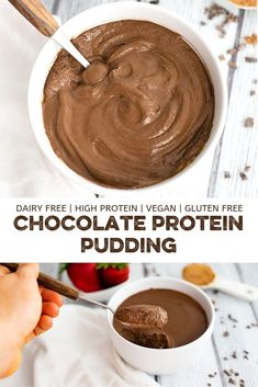 chocolate protein pudding in a white bowl with spoon