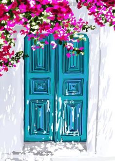 a painting of two blue doors with pink flowers on the outside, and white walls