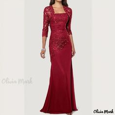 Olivia Mark - Elegant Lace Maxi Dress with Matching Two-Piece Set - Fashionable Formal Attire for a Sleek Silhouette Red Floor-length Maxi Dress For Formal Events, Red Floor-length Formal Dress Set, Luxury Burgundy Floor-length Maxi Dress, Red Floral Print Floor-length Sets, Two Piece Formal Dresses, Red Embellished Floor-length Maxi Dress, Elegant Bodycon Dress, Vintage Evening Gowns, Satin Evening Gown