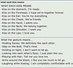 an image of someones texting on their cell phone with the caption'what each kiss means '