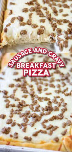 sausage and gravy breakfast pizza Sausage Breakfast Pizza Recipe, School Breakfast Pizza, Easy Breakfast Pizza, Sausage And Gravy, Sausage Gravy Recipe, Breakfast Pizza Recipe, Smart School House, Country Gravy, Smart School