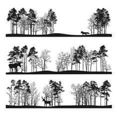 black and white silhouettes of trees on a hill