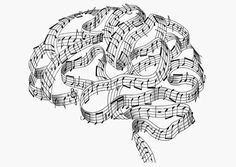 a black and white drawing of a brain with music notes in the shape of it