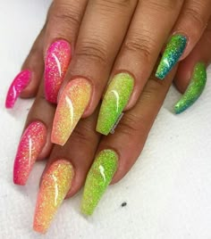 Multi Neon Nails, Glitter Summer Nails, Claws Nails, Nail Art Bleu, Blue Coffin Nails, Colorful Nail, Short Acrylic, Gel Designs, Super Nails