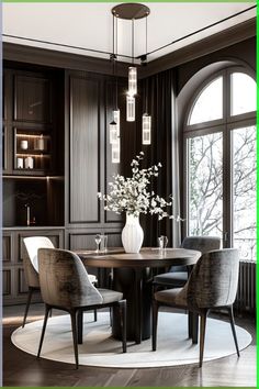 an elegant dining room with dark wood paneling and round table surrounded by gray chairs