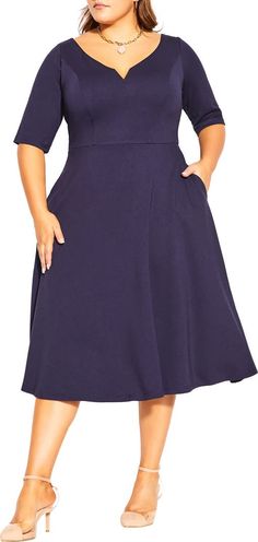 City Chic Cute Girl Fit & Flare Dress | Nordstrom Plus Size Cute, City Chic Dresses, Denim Chic, Girl Fits, Review Dresses, Elbow Sleeve, Wrap Dress Floral, Stretch Dress, Dress Cuts