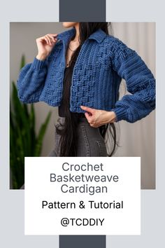 the crochet basketweave cardigan pattern is shown with text overlay