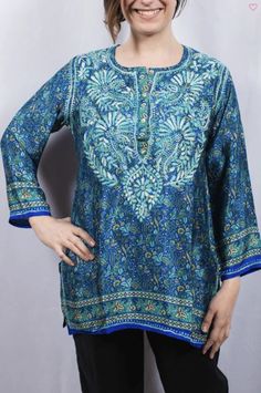 (1) Dolma Silk Embroidered Tunic Teal – Girl Intuitive Salwar Suit Design, Silk Tunic Top, Basic Clothes, Salwar Suit Designs, Turquoise Flowers, Silk Tunic, Suit Design, Embroidered Tunic, Suit Designs