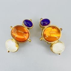 "Kai-Yin Lo Kylo gemstone clip earrings 925 vermeil Gold overlay with amethyst, moonstone & amber. Some light tarnish notice In Excellent Condition  1&1/4\"x.3/4\"" Cabochon Baltic Amber Jewelry Gift, Luxury Baltic Amber Jewelry, Oval Cabochon Jade Gemstone Jewelry, Elegant Yellow Baltic Amber Earrings, Luxury Jade Cabochon Earrings, Ceramic Necklace, Sterling Bracelets, Sterling Necklaces, Baroque Pearls