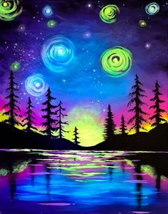 a painting of the night sky with stars and planets above water in front of trees