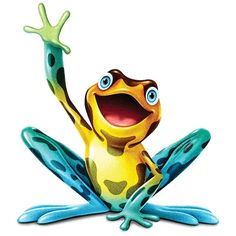 a yellow and blue frog sitting on top of a white surface with its arms in the air