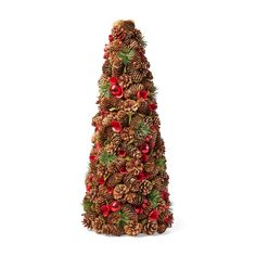 a christmas tree made out of pine cones and red berries is shown against a white background