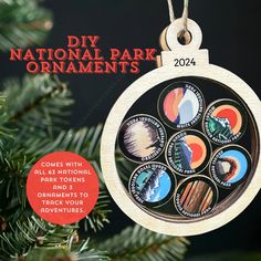 an ornament hanging from a christmas tree with the words diy national park ornaments on it